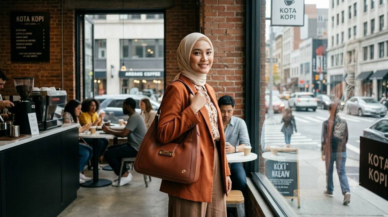 Model membawa tas kulit premium