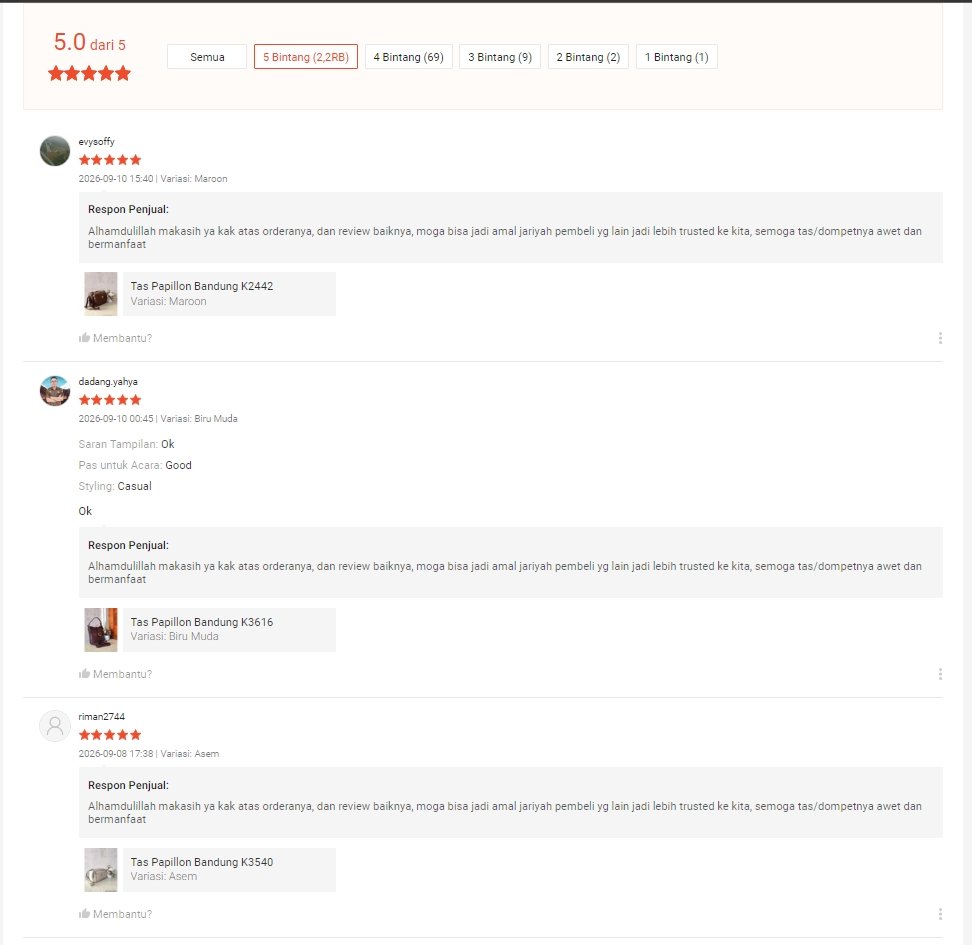 ulasan pembeli untuk tas Papillon di Shopee lengkap dengan foto