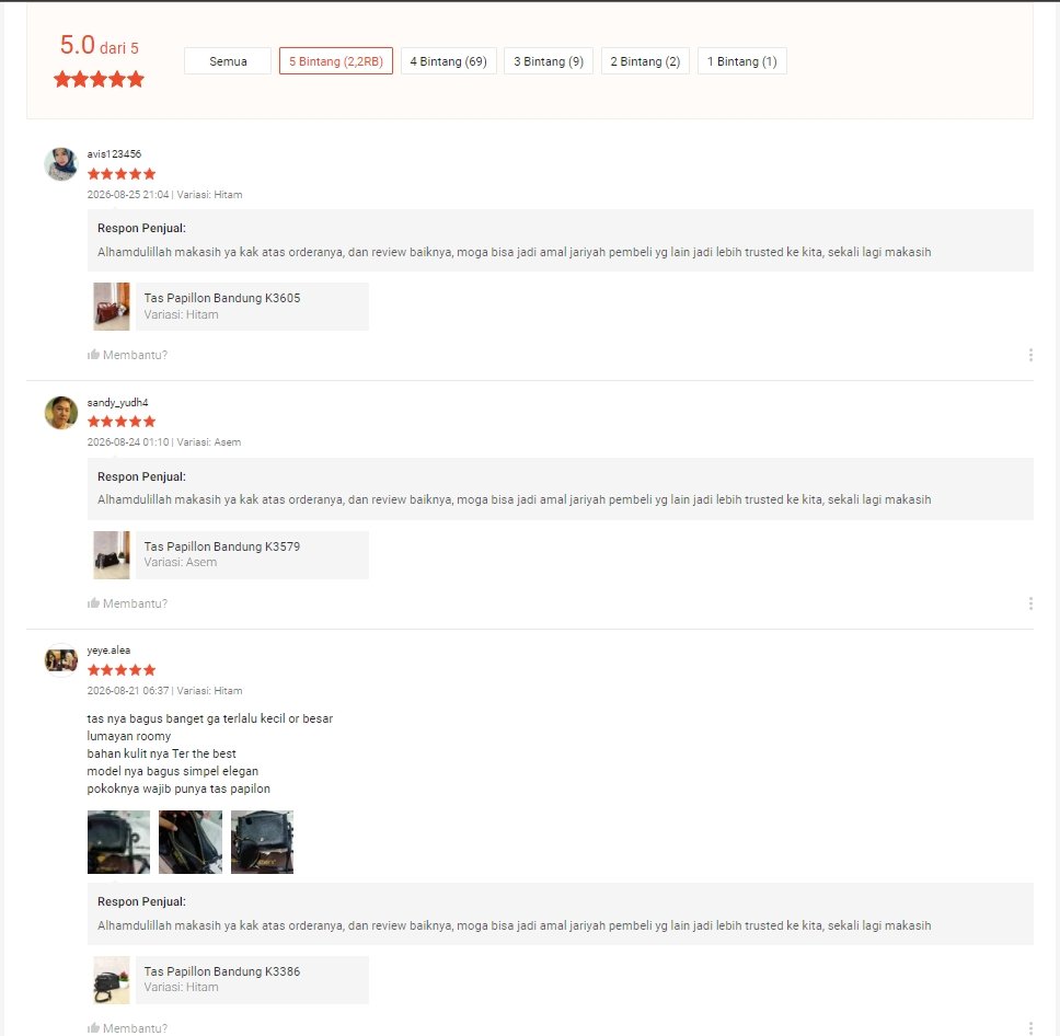 ulasan pembeli di toko tas Papillon Shopee dengan foto produk asli
