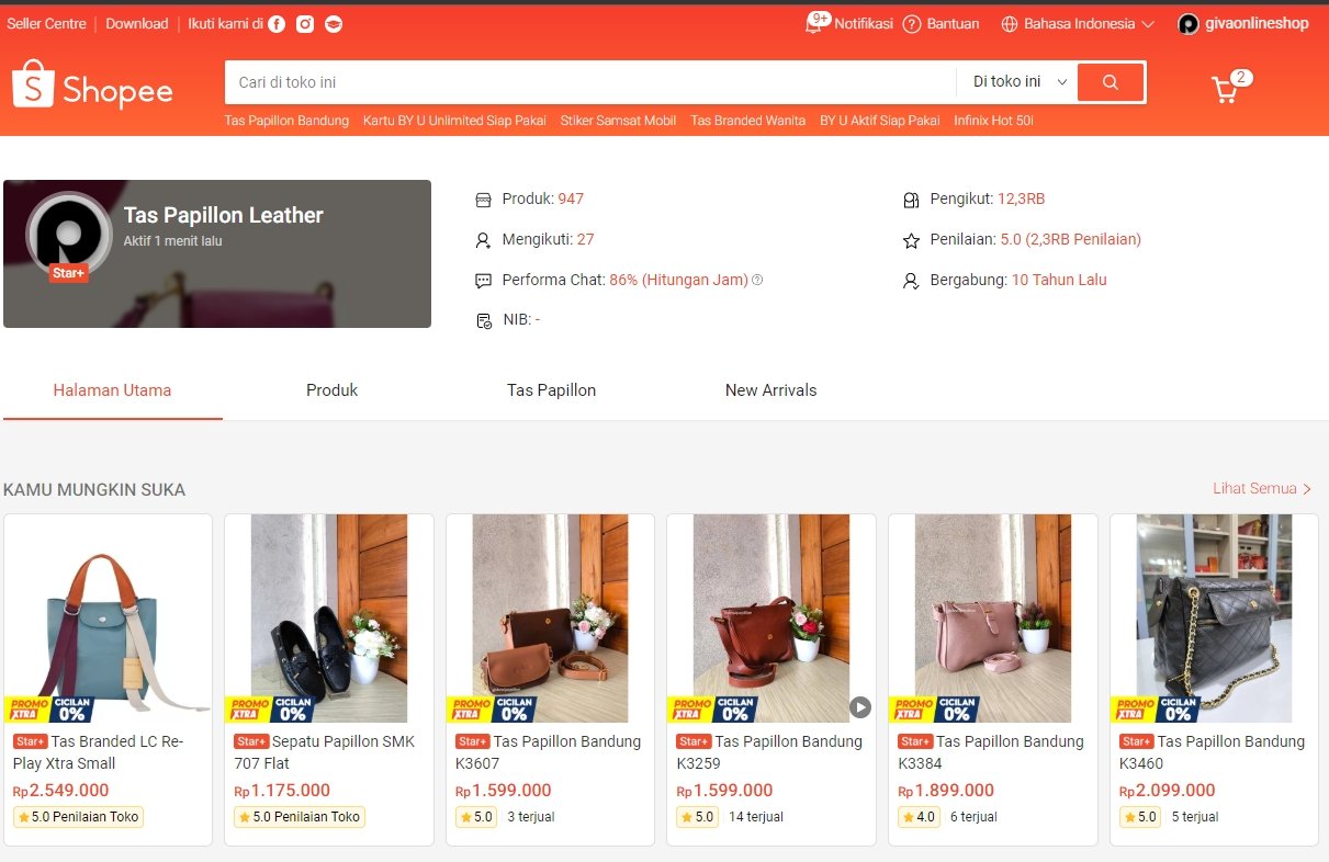 tampilan etalase tas Papillon di Shopee milik Giva Store